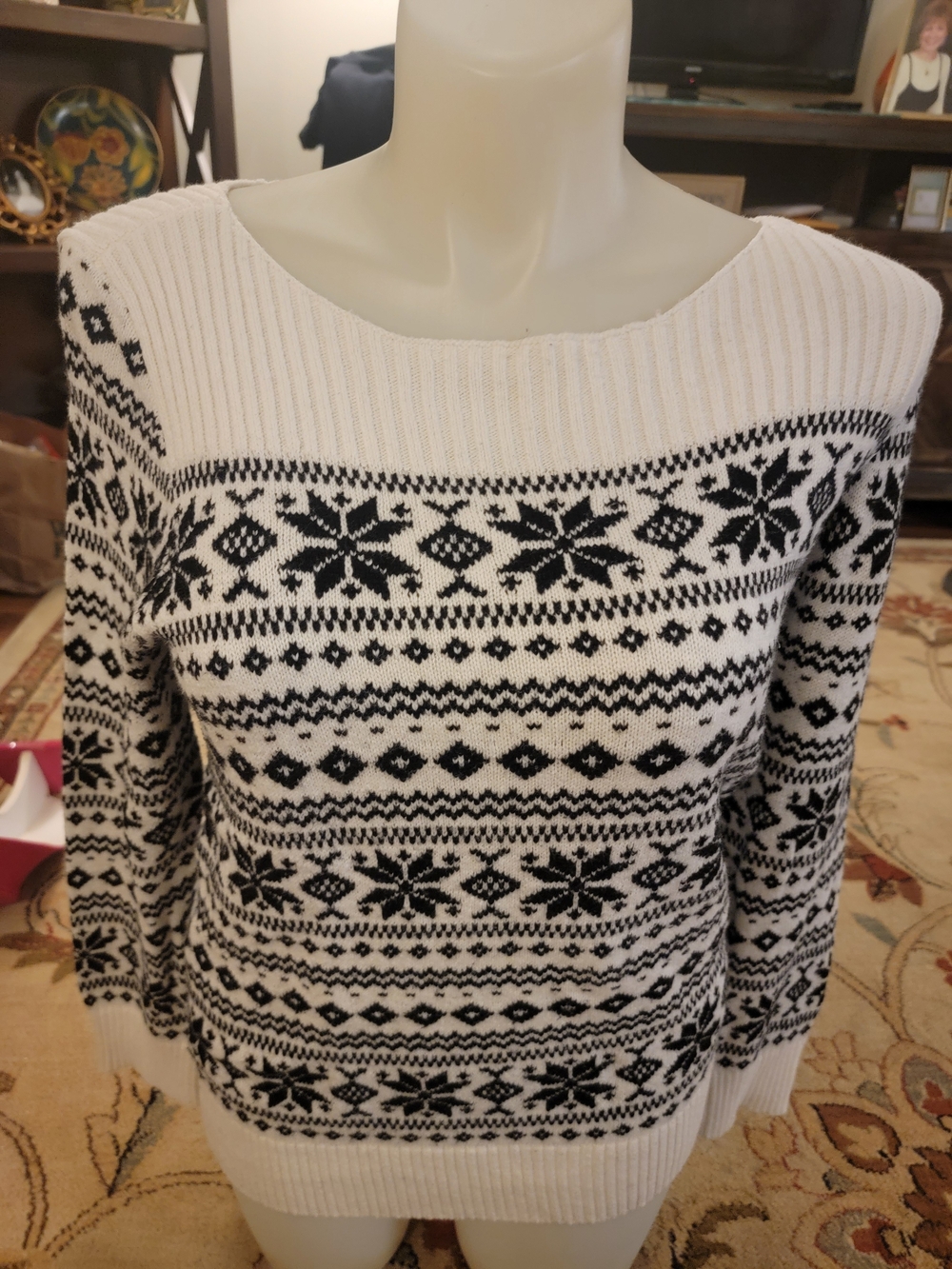 Classic Black & White Fair Isle Knit Sweater - Women Loft Outlet Sz L